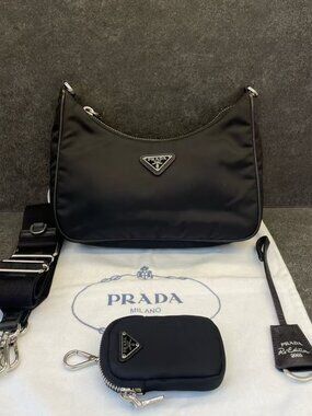 Prada Re-Edition 2005 Nylon Shoulder Bag with Pouch - Black Silver Hardware